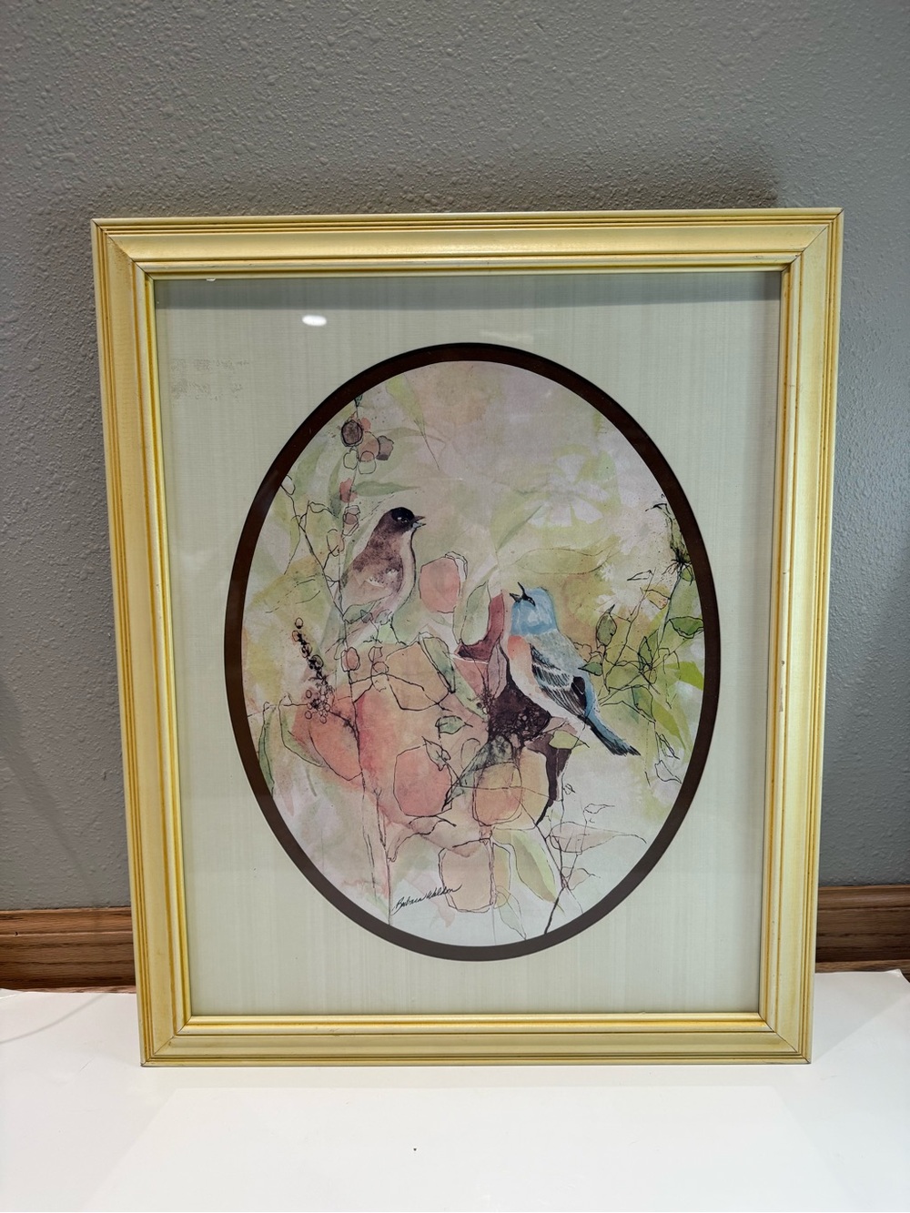 Vintage Barbara Mock Signed Bird Watercolor Print Framed Matted Cottagecore